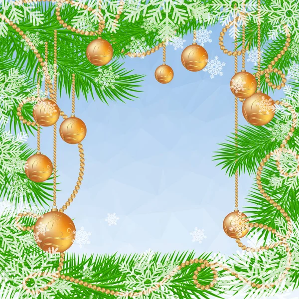 Weihnachtsblauer polygonaler Hintergrund mit Tanne, Schneeflocken und gläsernen Weihnachtskugeln. — Stockvektor