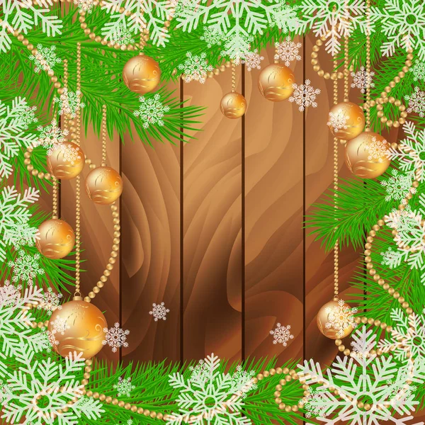 Vánoční dřevěné pozadí s jedle strom a skleněné kuličky — Stockový vektor