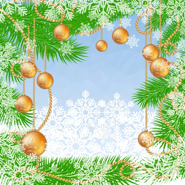 モミの木、雪の結晶、ガラス クリスマスのボールと青いクリスマス多角形の背景. — ストックベクタ
