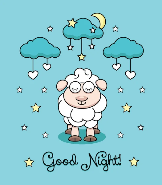 Vektör çizim kuzu, moon, bulutlar ve yıldız yürekleri. Çocuk illüstrasyon vektör.