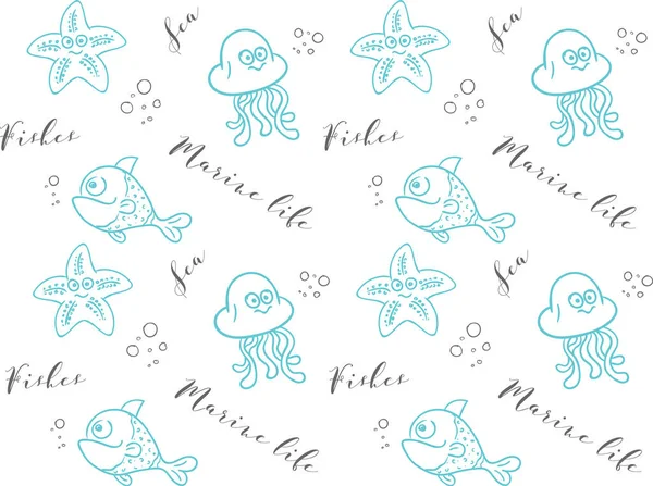 Çekici balıklı pürüzsüz doku. Tekstil için deniz sakinlerinin parmak izleri. Kumaş üzerine baskı. Çocuklar için duvar kağıdı çizimi.