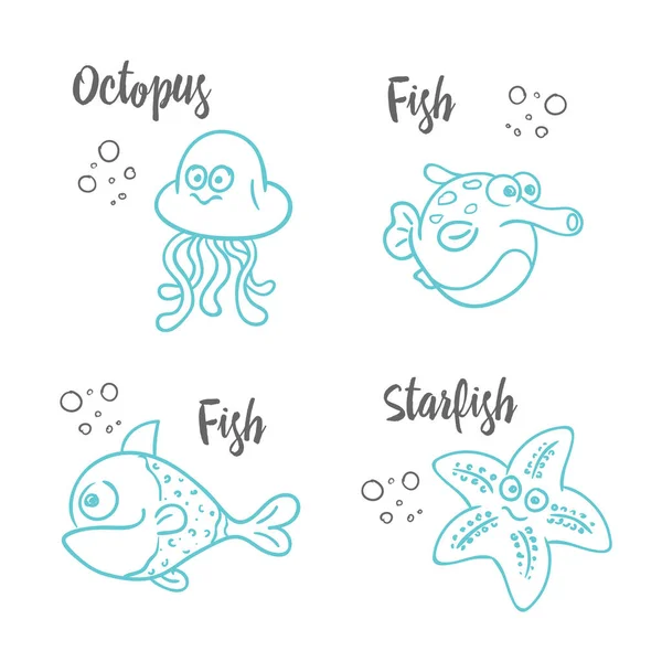 Komik bir balık çizmiş. Vektör seti.