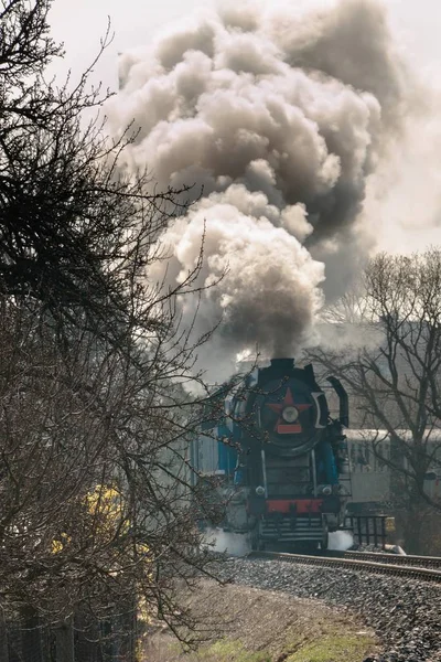 A steam passenger train arrives — ストック写真