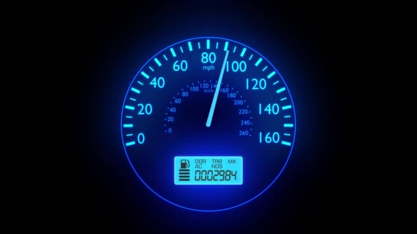 El tablero de instrumentos rápido de la velocidad del coche del velocímetro acelera la luz de mph kph 4k — Vídeos de Stock