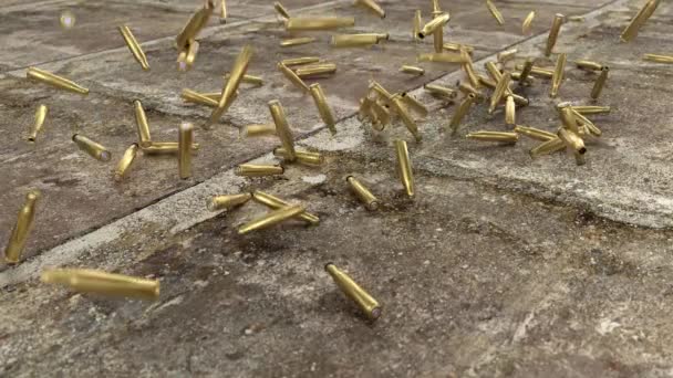 Balas cartuchos cartucho munición caída tierra guerra terrorismo rifle pistola 4k — Vídeos de Stock