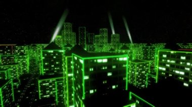 Neon şehir sinek kentsel gökdelen kızdırma bilgisayar tron matris üzerinde 4k
