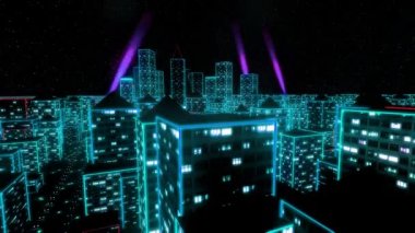 Neon şehir sinek kentsel gökdelen kızdırma bilgisayar tron matris üzerinde 4k