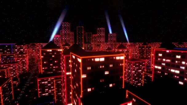 Неонове місто літає над міськими хмарочосами світяться комп'ютерні матриці 4k — стокове відео