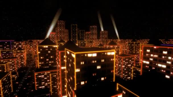 Неонове місто літає над міськими хмарочосами світяться комп'ютерні матриці 4k — стокове відео