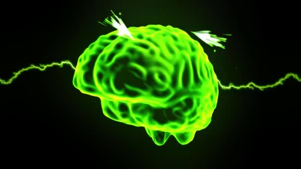 Εγκεφάλου ολόγραμμα περιστρεφόμενη σπινθήρες αστραπή ηλεκτρικής ενέργειας πονοκέφαλο νευρώνα βρόχο 4k — Αρχείο Βίντεο