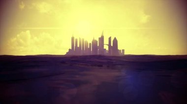 Cityscape manzarası okyanus yükselen deniz seviyesi siluet gökdelen gelecekteki ada 4 k