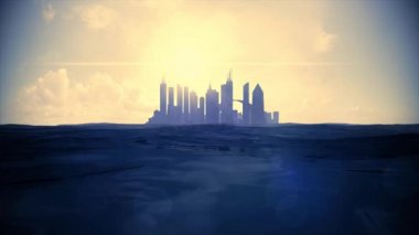 Cityscape manzarası okyanus yükselen deniz seviyesi siluet gökdelen gelecekteki ada 4 k