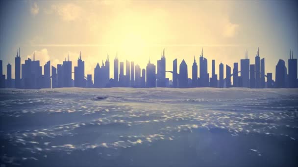 Stadsgezicht skyline Oceaan stijgende zeespiegel silhouet wolkenkrabber toekomstige klimaat 4k — Stockvideo