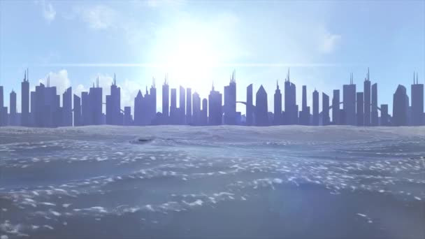 Paysage urbain horizon océan élévation du niveau de la mer silhouette gratte-ciel climat futur 4k — Video