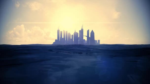 Paysage urbain horizon océan élévation du niveau de la mer silhouette gratte-ciel future île 4k — Video