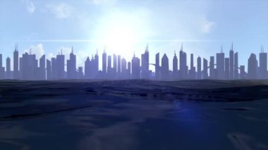 Cityscape manzarası okyanus yükselen deniz seviyesi siluet gökdelen gelecekteki iklim 4 k