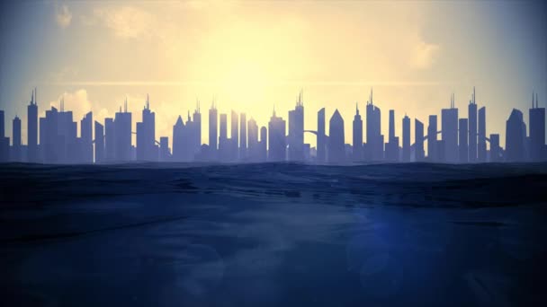 Stadsbilden skyline havet stiger havsytan siluett skyskrapa framtida klimat 4k — Stockvideo