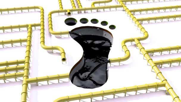 Huella de carbono aceite amarillo tubería línea pie impresión aceite cambio climático 4k — Vídeos de Stock