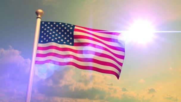 US American Flag Medium Shot Waving Against Blue Sky CG Flare 4K — стоковое видео