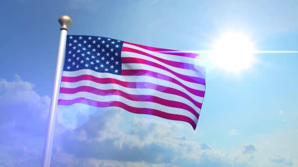 EUA US American Flag Medium Shot Waving Against Blue Sky CG Flare 4K — Vídeo de Stock