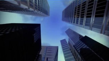 Gökyüzü kazıyıcı gökdelen şehir yüksek binalar zaman atlamalı düşük açılı 4 k dolly