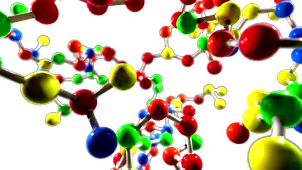 Molecuul bal en stick model vliegen door atomen chemie biologie wetenschap tech — Stockvideo