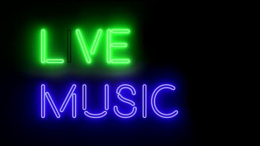 Müzik neon işareti ışıkları logo metin çok renkli 4 k parlayan yaşamak
