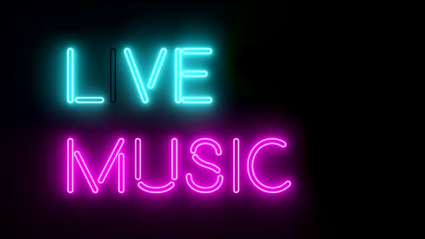 Live music neon sign lights logo text glowing multicolor 4K — Stock Video