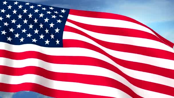 ABD bize bayraklar Closeup karşı mavi gökyüzü Cg sorunsuz döngü 4 k sallayarak — Stok video