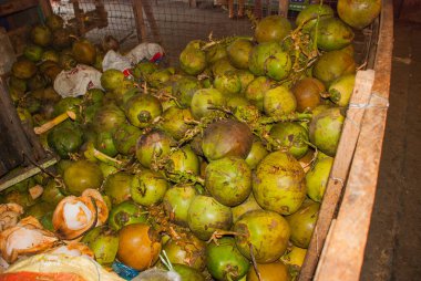 Pazar sokak. Hindistan cevizi satan. Manila, Filipinler.