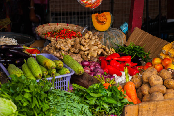 Vegetables on the shelf. Market on the street. Cebu. Philippines