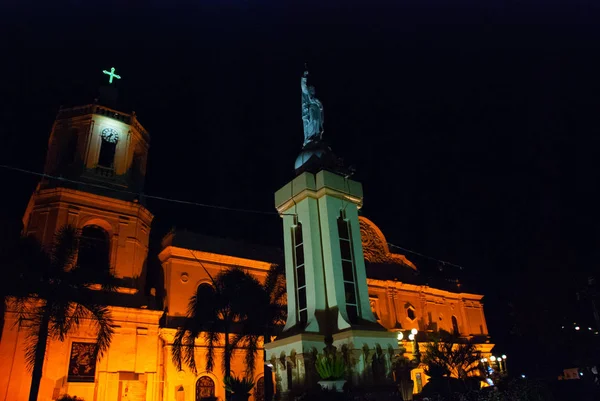De katholieke kathedraal en het monument voor de nacht in Cebu. Filippijnen — Stockfoto