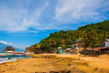 Ada beach satırındaki APO Adası, Filipinler, görünümü. Palmiye ağaçları, kaya, deniz ve deniz araçları.