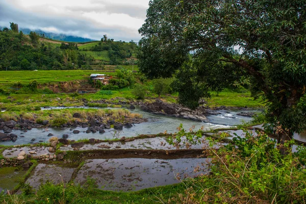 Hermoso paisaje en clima nublado, campos verdes, cielo con nubes, piedras, pequeño río, casas de madera. Isla de Negros, Filipinas . — Foto de Stock