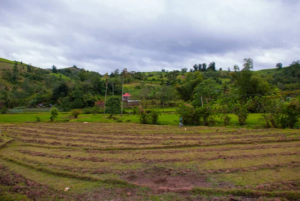 Hermoso paisaje en tiempo nublado: campos de arroz, cielo con nubes, colinas, árboles, casas. Isla de Negros, Filipinas . — Foto de Stock