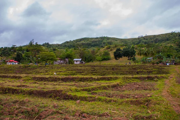 Hermoso paisaje en tiempo nublado: campos de arroz, cielo con nubes, colinas, árboles, casas. Isla de Negros, Filipinas . — Foto de Stock