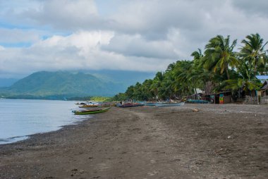 Deniz, palmiye ağaçları, volkanik sahilde dağlar. Pandan, Panay Adası, Filipinler.