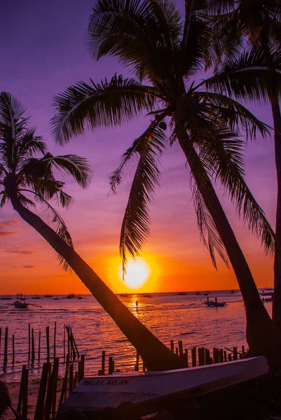 Tropikal peyzaj gün batımında. Gökyüzü arka plan üzerinde palmiye ağaçları. Beyaz plaj. Boracay. Filipinler. — Stok fotoğraf