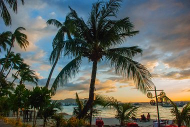 Gün batımında palmiye ağaçları ile güzel tropikal peyzaj. Boracay, Filipinler
