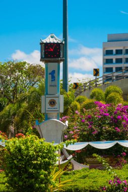 Saat Kulesi ve çiçekler, uzaktan Tapınağı Bem Kanada Hill. Miri şehir, Borneo, Sarawak, Malezya
