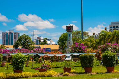 Saat Kulesi ve çiçekler, uzaktan Tapınağı Bem Kanada Hill. Miri şehir, Borneo, Sarawak, Malezya