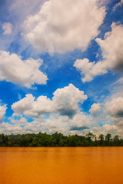 Lansekap dengan sungai kuning dan langit biru dengan awan. Malaysia, Kalimantan — Stok Foto