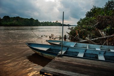 Kinabatangan nehir, Borneo, Sabah Malezya. Akşam peyzaj ağaçları, su ve deniz araçları.