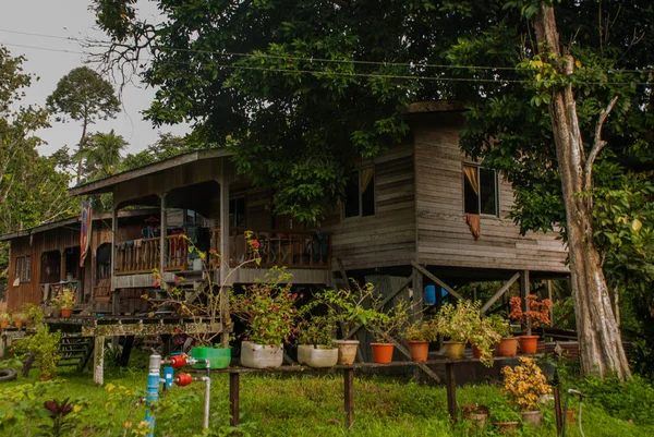 Tradiční vesnice v Malajsii, domy na kůlech, ostrov Borneo, Sabah. — Stock fotografie