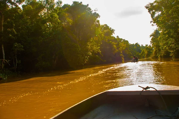 木船漂浮在金纳坦干河和茂密的热带森林上。沙巴, 婆罗洲, 马来西亚 — 图库照片