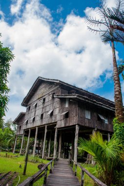 Geleneksel ahşap evler Nelanau Yall Kuching Sarawak kültür köyü. Malezya