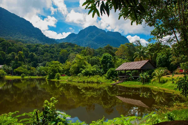 Traditional wooden house near the lake and mountain in the background. Kuching to Sarawak Culture village. Borneo, Malaysia — Stock Photo, Image