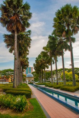 Su ve Pavlina yakınında ağaçlar ile Alley. Miri City fan Park, Borneo, Sarawak, Malezya