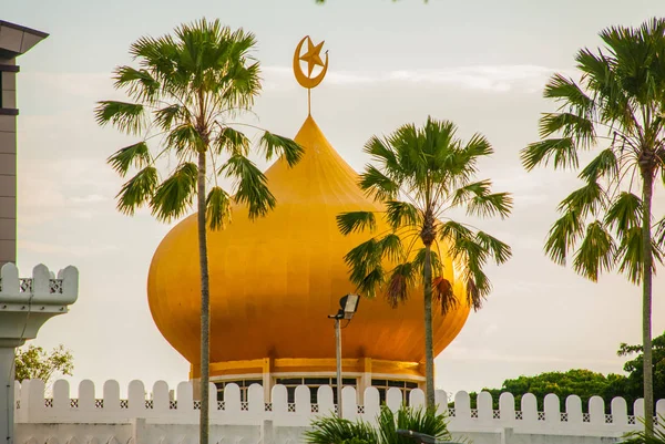 Mesquita Masjid At-Taqwa com sua cúpula dourada e palmeiras. Miri city, Bornéu, Sarawak, Malásia — Fotografia de Stock