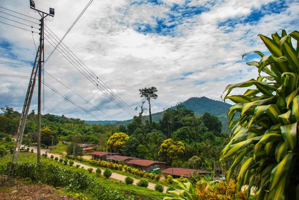 A estrada para a aldeia local, as montanhas à distância. A paisagem na ilha de Bornéu. Sabah, Malásia . — Fotografia de Stock